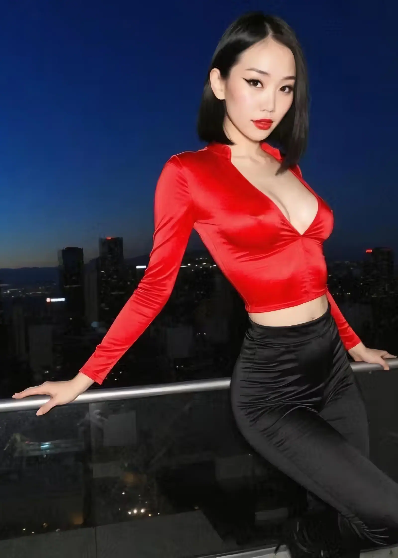 AI-generated adult woman in a red top on a balcony at night